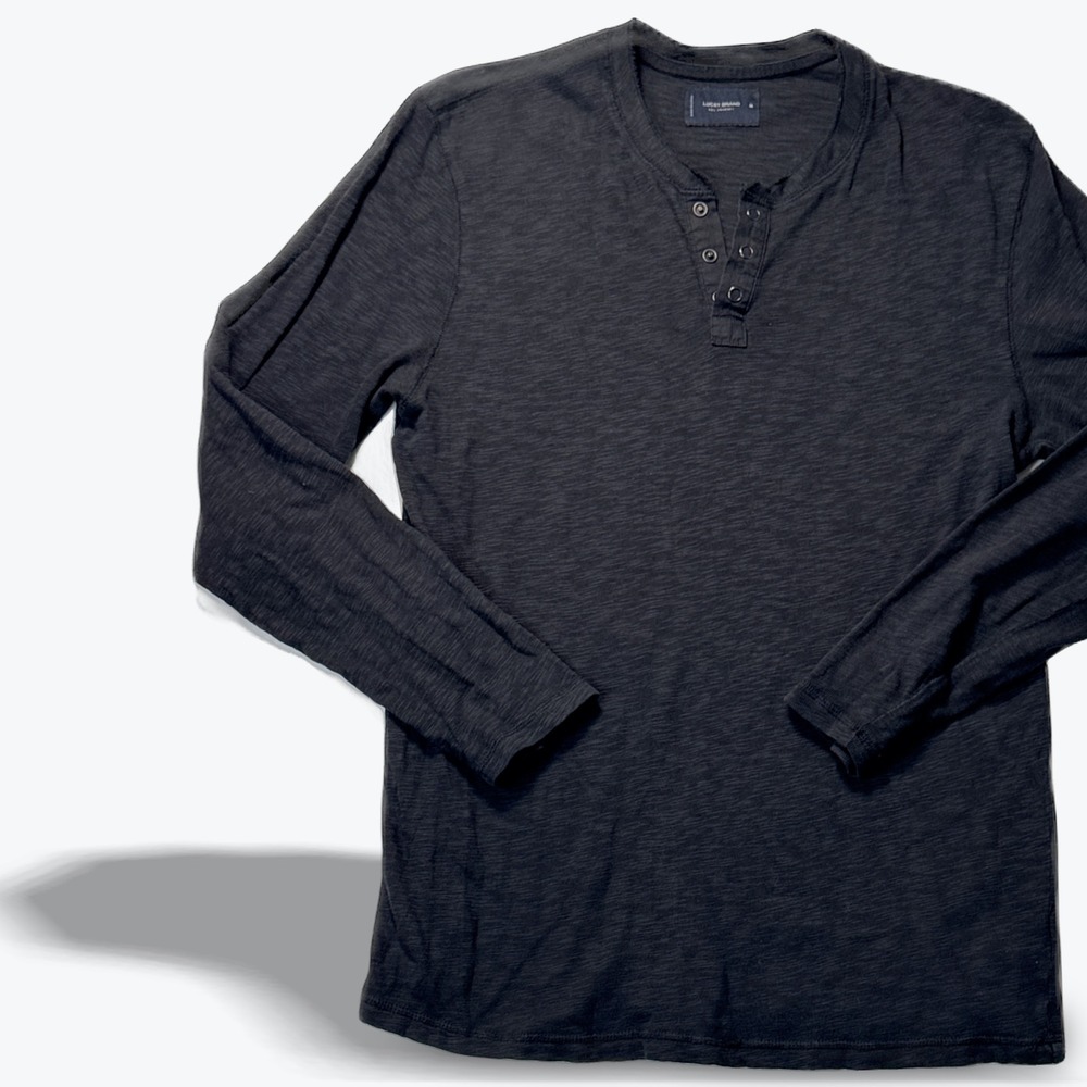 Lucky Brand Henley Shirt Long Sleeve Slub Knit Charcoal Black Casual Medium